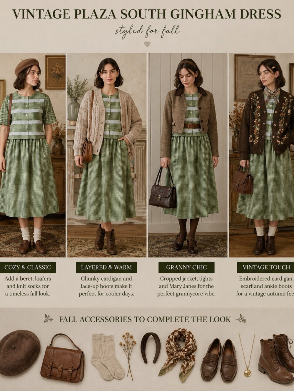 Vintage Plaza South Green Gingham Midi Dress Size 12 Grannycore Cottagecore